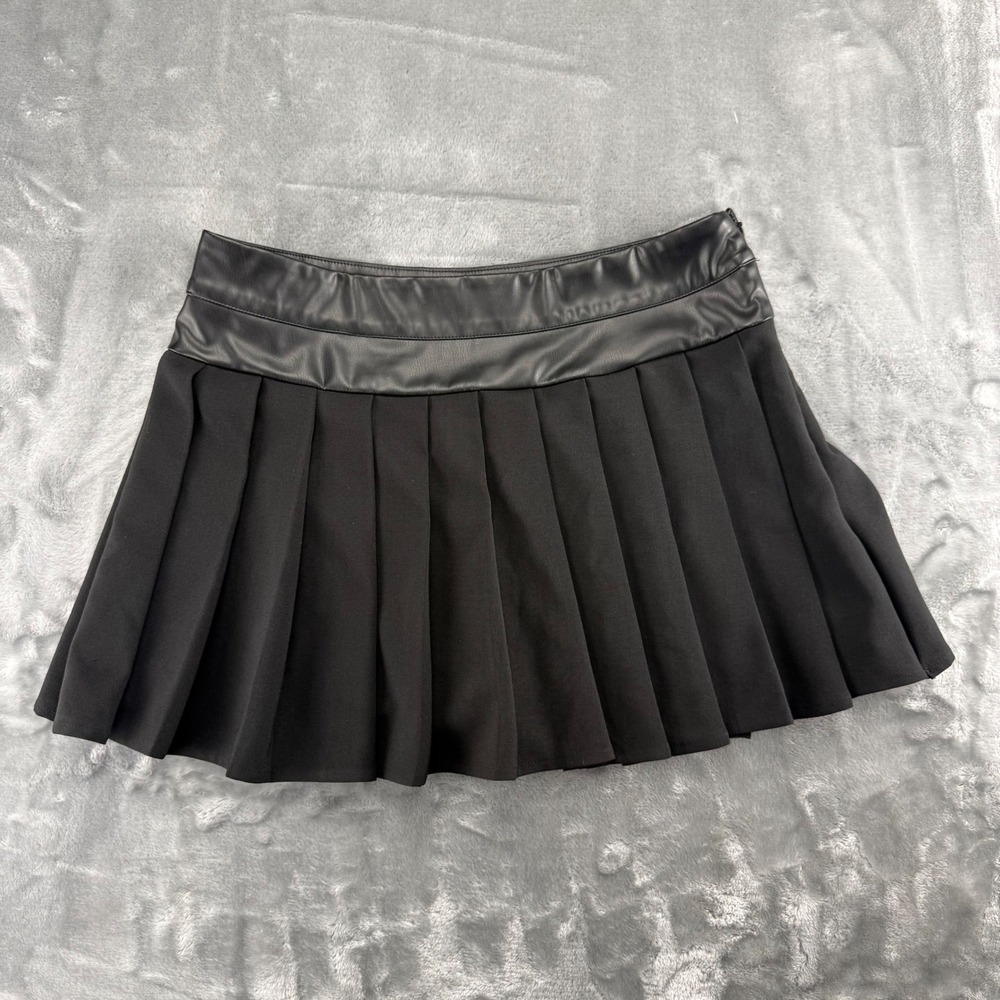 Emerson Lang Black Pleated Vegan Leather Trim Mini Skort  LRG Fairy Goth Grunge